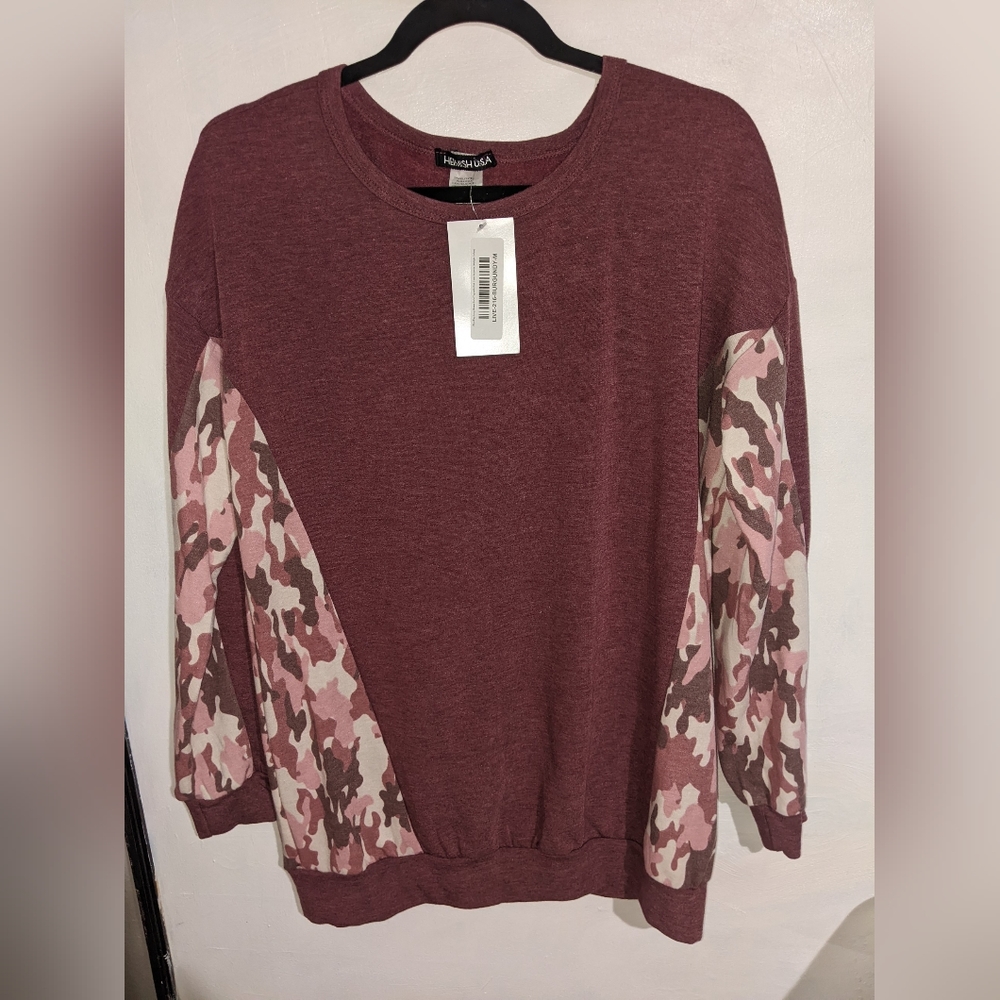 NWT Heimish Burgundy Camo Long Sleeve Top Sz M